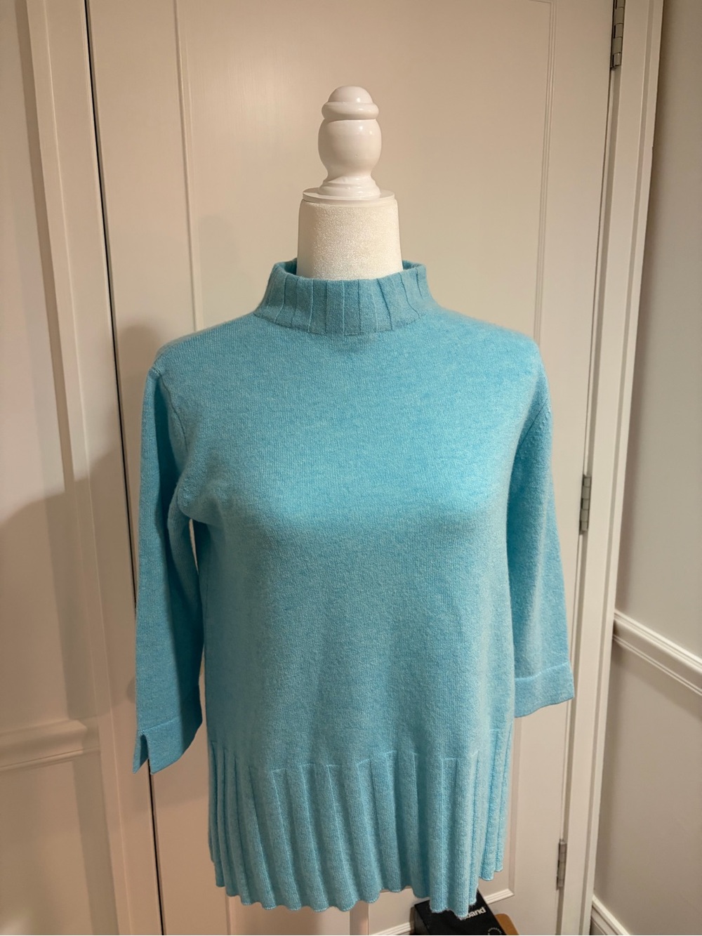 Kinross Aqua Blue Mock Neck Ribbed-Hem Sweater